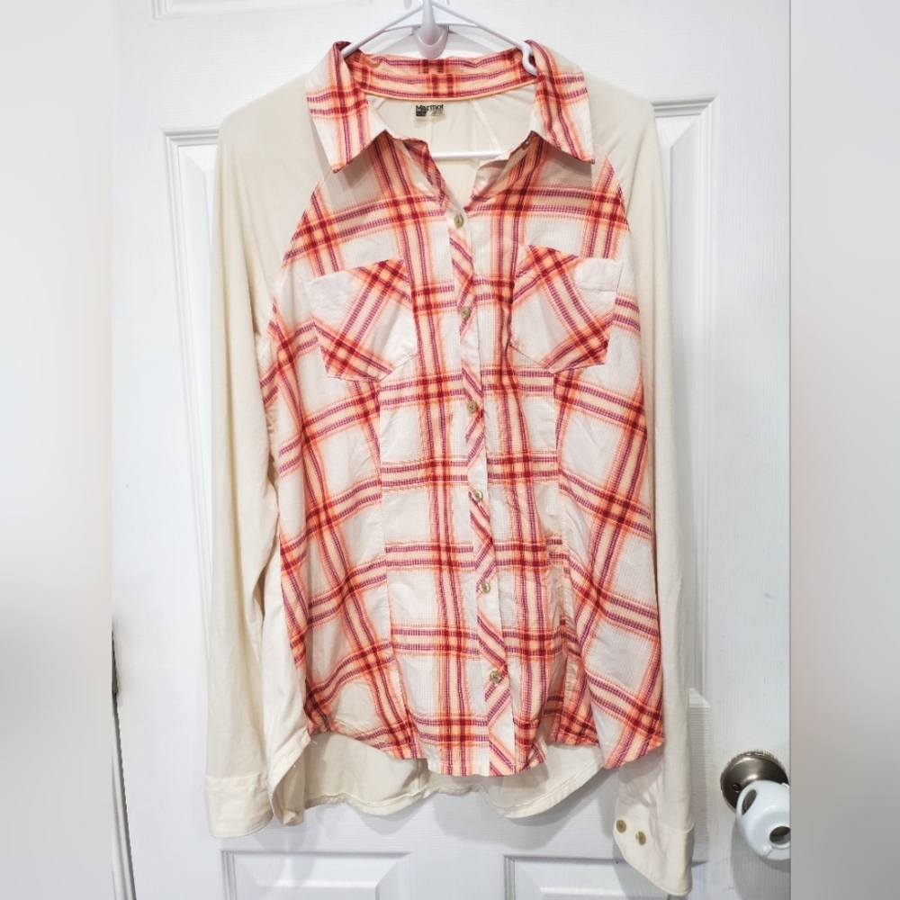 Marmot Womens  Orange Plaid Long Sleeve Button Up Shirt Size X-Large